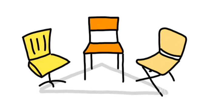 Il·lustració de tres cadires buides disposades en cercle, suggerint un espai de diàleg i col·laboració per a la facilitació d'equips i l'intercanvi d'experteses. Il·lustració de tres cadires buides disposades en cercle, suggerint un espai de diàleg i col·laboració per a la facilitació d'equips i l'intercanvi d'experteses.