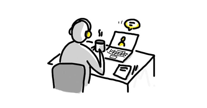 Illustration d'une personne avec un casque, travaillant sur un ordinateur portable et buvant du café, représentant un espace de conversation authentique, d'écoute et de réflexion sans pression de résultat.` Illustration d'une personne avec un casque, travaillant sur un ordinateur portable et buvant du café, représentant un espace de conversation authentique, d'écoute et de réflexion sans pression de résultat.`