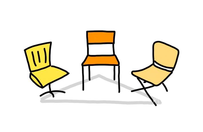 Illustration de trois chaises vides disposées en cercle, suggérant un espace de dialogue et de collaboration pour la facilitation d'équipes et l'échange d'expertises.` Illustration de trois chaises vides disposées en cercle, suggérant un espace de dialogue et de collaboration pour la facilitation d'équipes et l'échange d'expertises.`