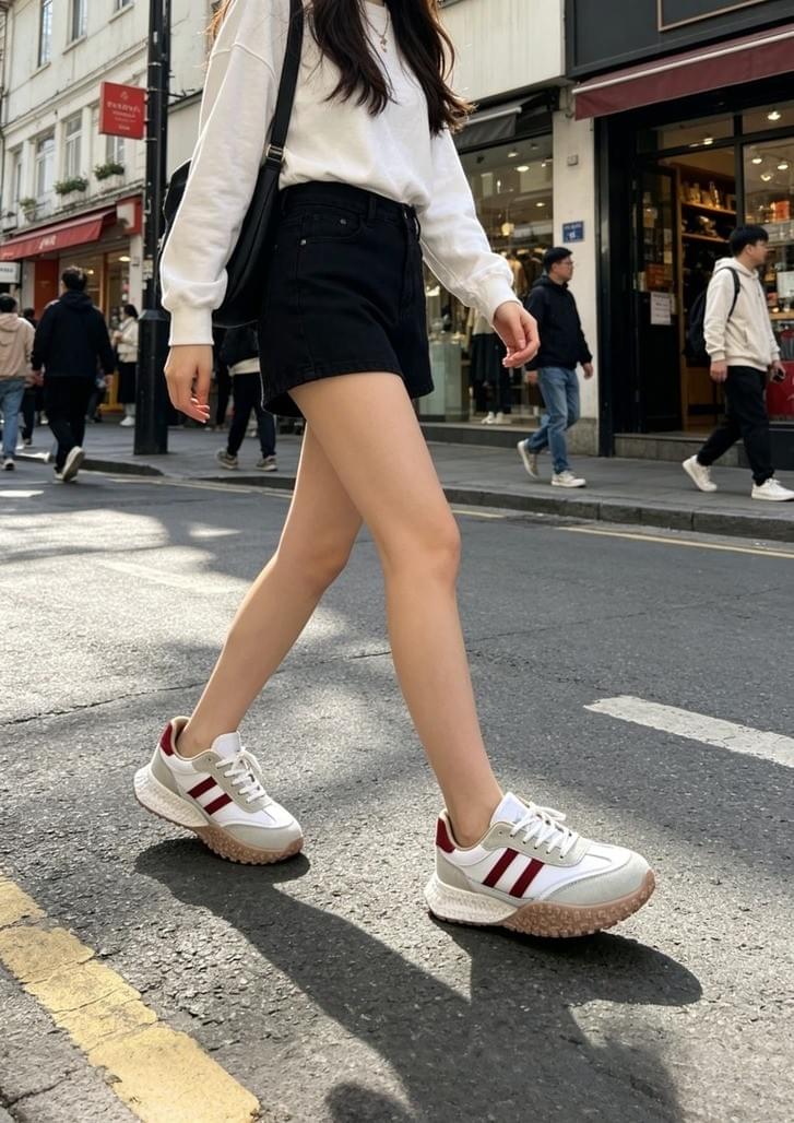 Women wearing leather sneakers on city street – casual comfort for daily wear Women wearing leather sneakers on city street – casual comfort for daily wear