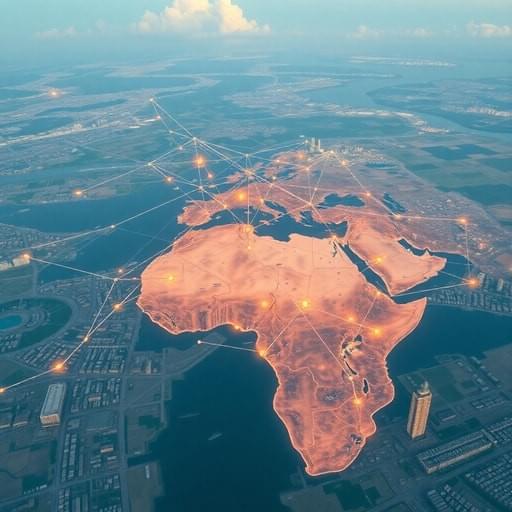 Panoramic view of Africa connected by digital AI networks, smart cities, fintech innovation, entrepreneurs using artificial intelligence, economic growth visualization, futuristic technology landscape, cinematic aerial perspective, ultra-realistic, high-resolution Panoramic view of Africa connected by digital AI networks, smart cities, fintech innovation, entrepreneurs using artificial intelligence, economic growth visualization, futuristic technology landscape, cinematic aerial perspective, ultra-realistic, high-resolution