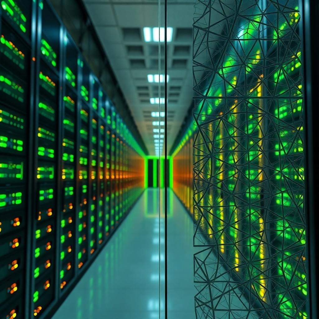 A hyper-realistic, photorealistic shot inside a state-of-the-art data center located in Abidjan, Côte d'Ivoire. Endless rows of sleek server racks blink with green and amber LED lights. In the foreground, complex African geometric patterns are subtly etched into the glass and steel panels, reflecting a fusion of cultural heritage and cutting-edge cloud computing infrastructure. Cinematic lighting, architectural design style, ultra-detailed, 8k. A hyper-realistic, photorealistic shot inside a state-of-the-art data center located in Abidjan, Côte d'Ivoire. Endless rows of sleek server racks blink with green and amber LED lights. In the foreground, complex African geometric patterns are subtly etched into the glass and steel panels, reflecting a fusion of cultural heritage and cutting-edge cloud computing infrastructure. Cinematic lighting, architectural design style, ultra-detailed, 8k.