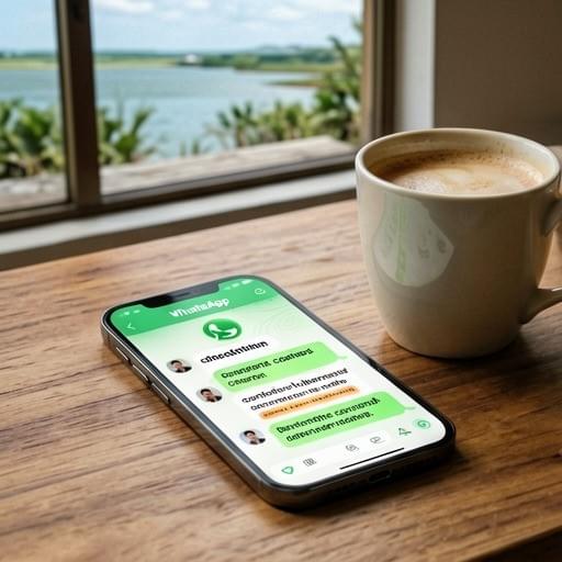 Un smartphone posé sur un bureau en bois à côté d'une tasse de café. L'écran du téléphone affiche une interface de chat WhatsApp propre où un chatbot IA répond instantanément à un client ivoirien pour une commande. En arrière-plan flou, la lagune Ébrié visible à travers une fenêtre. Style réaliste, design d'interface épuré. Un smartphone posé sur un bureau en bois à côté d'une tasse de café. L'écran du téléphone affiche une interface de chat WhatsApp propre où un chatbot IA répond instantanément à un client ivoirien pour une commande. En arrière-plan flou, la lagune Ébrié visible à travers une fenêtre. Style réaliste, design d'interface épuré.