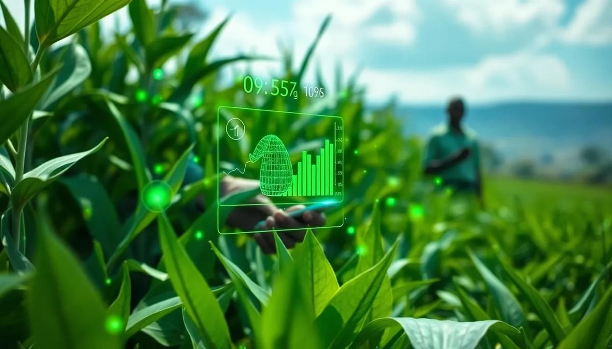 A close-up, high-detail photograph of a lush green crop field in Kenya. Superimposed over the plants are glowing green 3D digital wireframes, climate data algorithms, and health status indicators. A farmer holding a modern smartphone is visible in soft focus in the background. Bright cinematic daylight, professional agriculture tech photography, crisp details, commercial tech style, aspect ratio 16:9. A close-up, high-detail photograph of a lush green crop field in Kenya. Superimposed over the plants are glowing green 3D digital wireframes, climate data algorithms, and health status indicators. A farmer holding a modern smartphone is visible in soft focus in the background. Bright cinematic daylight, professional agriculture tech photography, crisp details, commercial tech style, aspect ratio 16:9.