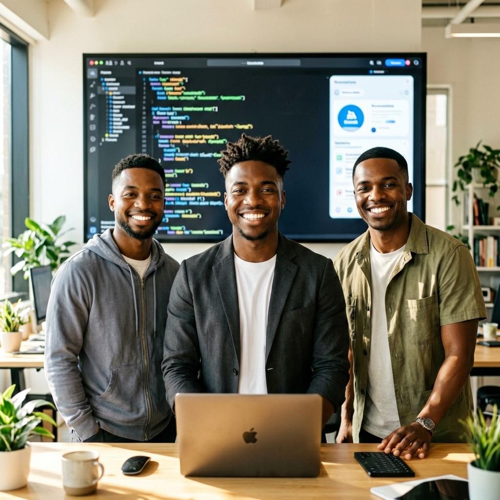 A vibrant, natural light magazine-cover style portrait of young African tech founders in a modern, sunlit co-working space in Abidjan. A vibrant, natural light magazine-cover style portrait of young African tech founders in a modern, sunlit co-working space in Abidjan.