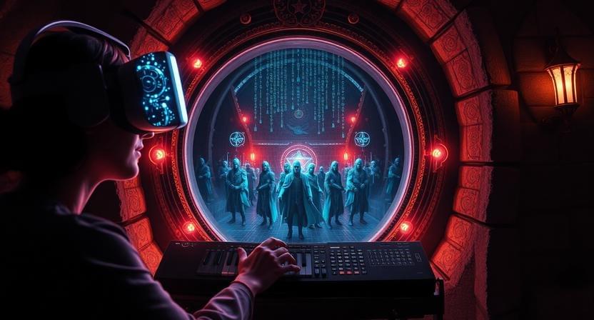 Une personne portant un casque VR élégant de 2026, tapant sur un clavier holographique. Au-dessus d'elle, un portail s'ouvre sur un monde médiéval où les personnages sont faits de code binaire lumineux. La légende "La Nouvelle Réalité d'AI Dungeon" brille dans le coin. Cinématique, échelle épique. Une personne portant un casque VR élégant de 2026, tapant sur un clavier holographique. Au-dessus d'elle, un portail s'ouvre sur un monde médiéval où les personnages sont faits de code binaire lumineux. La légende "La Nouvelle Réalité d'AI Dungeon" brille dans le coin. Cinématique, échelle épique.