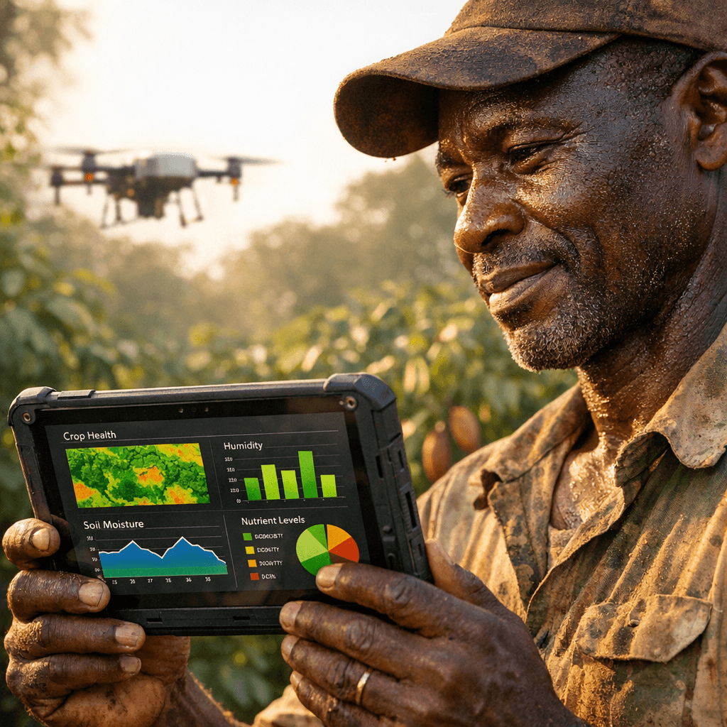 An Ivorian farmer on a cocoa plantation. The farmer is holding a rugged tablet that displays colorful graphs and data about crop health and soil moisture. An Ivorian farmer on a cocoa plantation. The farmer is holding a rugged tablet that displays colorful graphs and data about crop health and soil moisture.