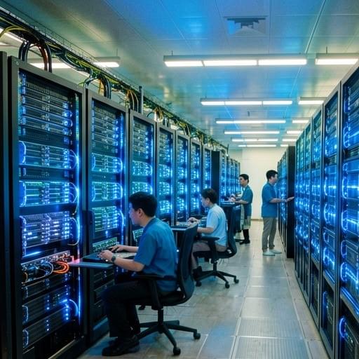 Massive modern data center in Africa, servers glowing blue, engineers working, clean high-tech environment, wide angle cinematic shot Massive modern data center in Africa, servers glowing blue, engineers working, clean high-tech environment, wide angle cinematic shot