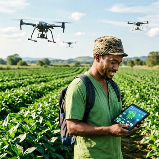 African farmer using AI-powered tablet in a green farmland, drones scanning crops above, bright natural lighting, realistic style African farmer using AI-powered tablet in a green farmland, drones scanning crops above, bright natural lighting, realistic style