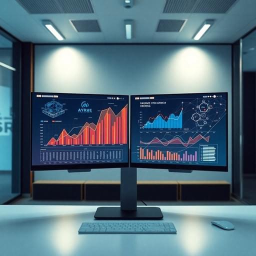 A sleek dual-screen desk setup in a futuristic tech hub in Abidjan. On the screen, abstract data visualization charts showing rapid growth, AI network nodes, and automation flows. Soft volumetric lighting, corporate professional creative agency vibes, shot on 35mm lens. A sleek dual-screen desk setup in a futuristic tech hub in Abidjan. On the screen, abstract data visualization charts showing rapid growth, AI network nodes, and automation flows. Soft volumetric lighting, corporate professional creative agency vibes, shot on 35mm lens.