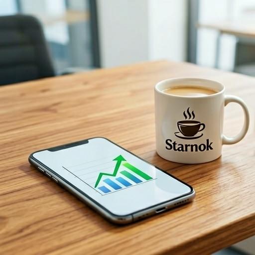 A minimalist conceptual image. A wooden desk with a modern smartphone displaying a business growth graph turning into a green upward arrow. Next to it, a stylish cup of coffee logo, Starnok. Professional look, shallow depth of field, bright and optimistic corporate atmosphere. A minimalist conceptual image. A wooden desk with a modern smartphone displaying a business growth graph turning into a green upward arrow. Next to it, a stylish cup of coffee logo, Starnok. Professional look, shallow depth of field, bright and optimistic corporate atmosphere.