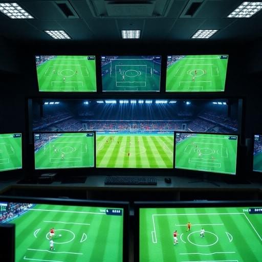Un gros plan d'une salle de contrôle officielle de la VAR avec plusieurs écrans haute définition affichant un match de football image par image, superposés avec des lignes de suivi squelettique numériques brillantes et des grilles de hors-jeu automatisées, contraste élevé, éclairage de studio dramatique. Un gros plan d'une salle de contrôle officielle de la VAR avec plusieurs écrans haute définition affichant un match de football image par image, superposés avec des lignes de suivi squelettique numériques brillantes et des grilles de hors-jeu automatisées, contraste élevé, éclairage de studio dramatique.