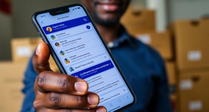 Gros plan sur le smartphone d'un entrepreneur à Abidjan, affichant un tableau de bord épuré de chatbot open source avec les commandes entrantes de clients français et nouchi. En arrière-plan, légèrement flou, des cartons de produits prêts à être expédiés. Photographie d'entreprise authentique et lifestyle, éclairage professionnel. Gros plan sur le smartphone d'un entrepreneur à Abidjan, affichant un tableau de bord épuré de chatbot open source avec les commandes entrantes de clients français et nouchi. En arrière-plan, légèrement flou, des cartons de produits prêts à être expédiés. Photographie d'entreprise authentique et lifestyle, éclairage professionnel.