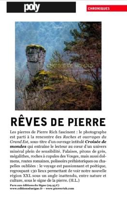 Pierre Rich reinvents the presentation of his photographs through landscape installations that invite an immersive experience. Artistic Installations Our Vision Born in 1963 in Versailles, professional photographer residing in the heart of the Alsatian Vosges, teacher, organizer of exhibitions and shows, Pierre Rich is interested in photographing, here or elsewhere, strange landscape sites and particularly mountainous environments, forests, and stones. Primarily a nature and heritage photographer, he is committed to translating the subtleties, myths, and humanism in a sharp and refined approach to framing and light. His images convey all the plastic and visual qualities of nature, at the center of his work, in an inspired wandering. For several years, he has been focusing on presenting photography differently, alongside more "classic" displays of his images, in the form of landscape installations and performances. He regularly exhibits his images and also publishes numerous photography books that are calls to marvel at the splendor of the World. Pierre Rich reinvents the presentation of his photographs through landscape installations that invite an immersive experience. Artistic Installations Our Vision Born in 1963 in Versailles, professional photographer residing in the heart of the Alsatian Vosges, teacher, organizer of exhibitions and shows, Pierre Rich is interested in photographing, here or elsewhere, strange landscape sites and particularly mountainous environments, forests, and stones. Primarily a nature and heritage photographer, he is committed to translating the subtleties, myths, and humanism in a sharp and refined approach to framing and light. His images convey all the plastic and visual qualities of nature, at the center of his work, in an inspired wandering. For several years, he has been focusing on presenting photography differently, alongside more "classic" displays of his images, in the form of landscape installations and performances. He regularly exhibits his images and also publishes numerous photography books that are calls to marvel at the splendor of the World.