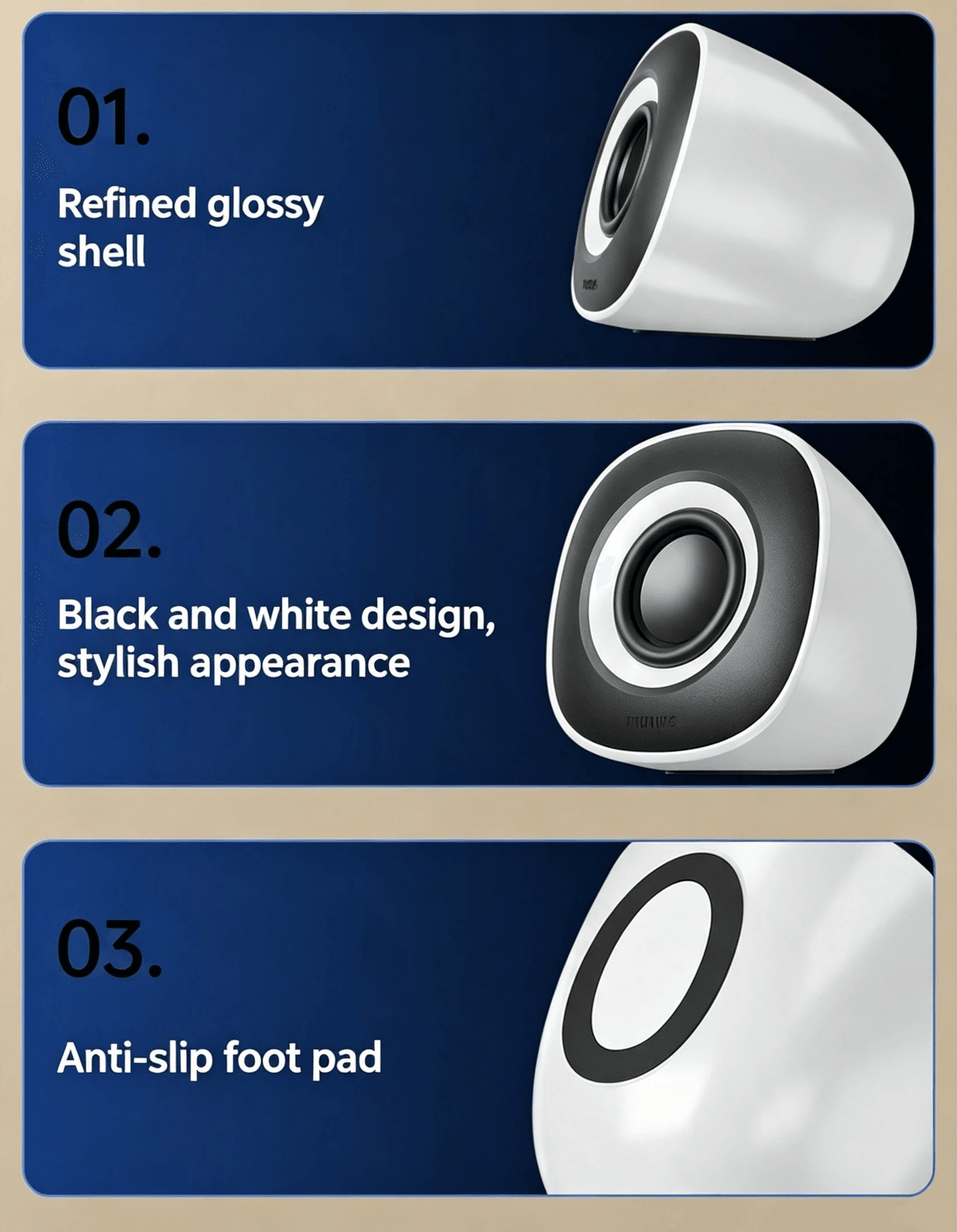 USB‑powered computer speakers with 3.5mm AUX. Plug‑and‑play, compact, clear stereo sound for PC/lapt