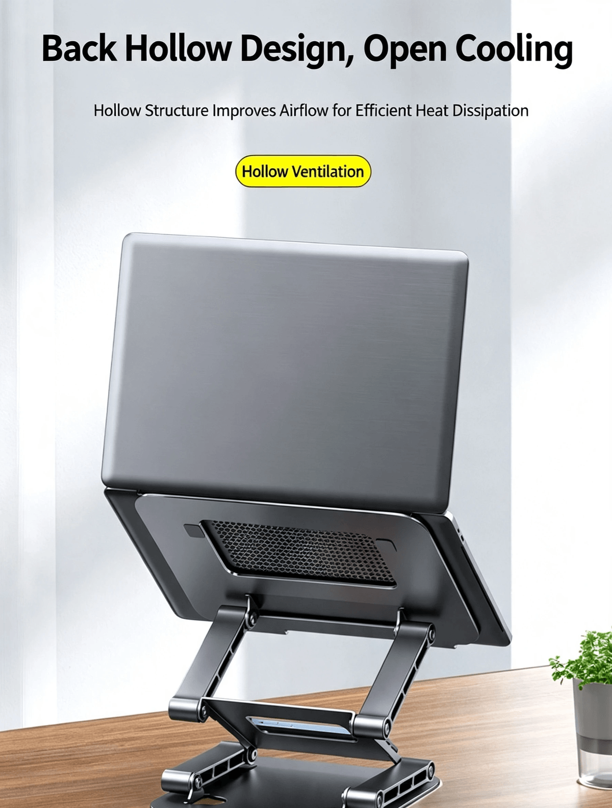 Multi‑Layer Adjustable Carbon Steel Laptop Riser, For Notebooks & Tablets AI 绘图描述词(两张颜色图,严格保持原图构图角度,