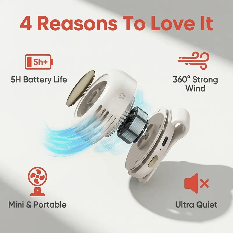 Rechargeable Bladeless Waist Fan, 3‑Speed Silent Mini Clip‑on Fan for Outdoor