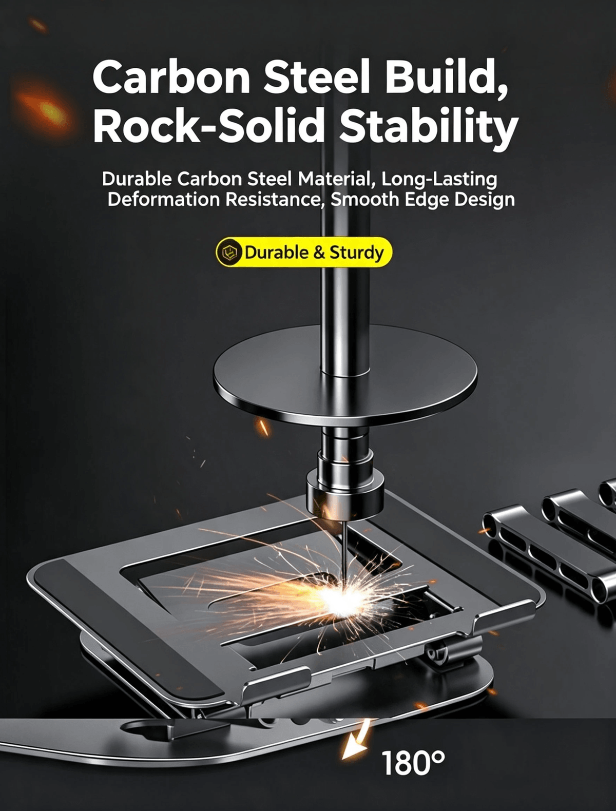 Multi‑Layer Adjustable Carbon Steel Laptop Riser, For Notebooks & Tablets AI 绘图描述词(两张颜色图,严格保持原图构图角度,
