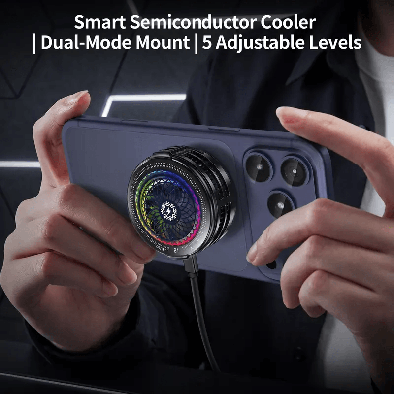 Semiconductor Phone Cooler, Magnetic Clip‑On RGB 3‑Speed Fan for Gaming Live Stream