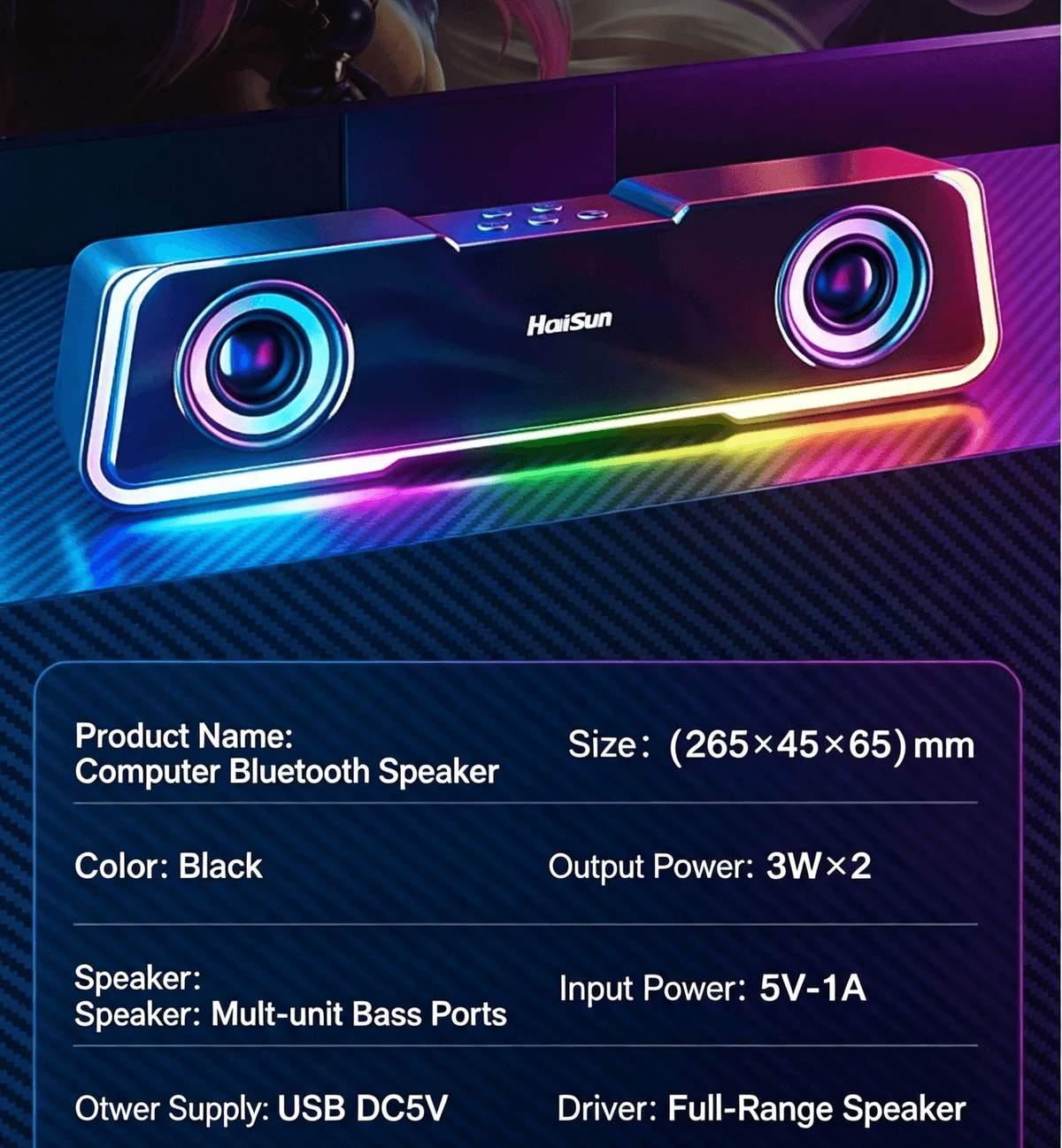 RGB Gaming Desktop Soundbar | Bluetooth & Wired Dual Connection