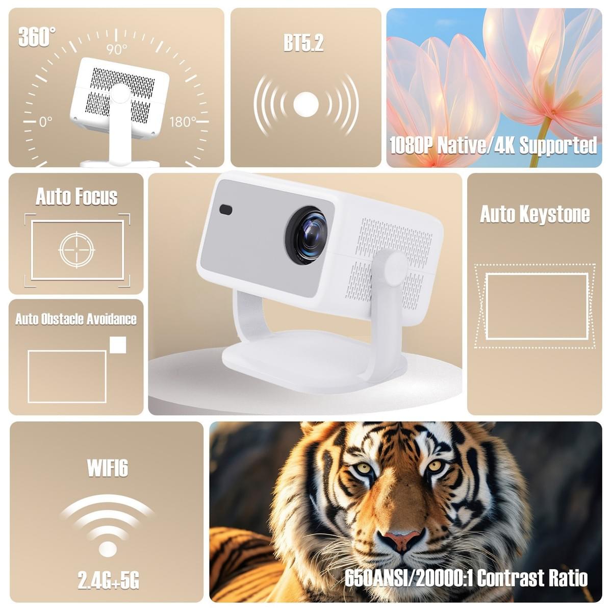 360° Rotatable Stand Smart Projector Android WiFi6 BT5.4 Auto Keystone Home Cinema