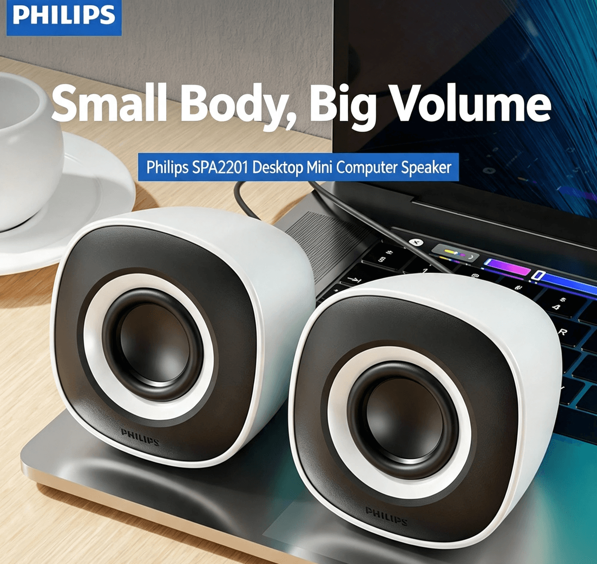 USB‑powered computer speakers with 3.5mm AUX. Plug‑and‑play, compact, clear stereo sound for PC/lapt