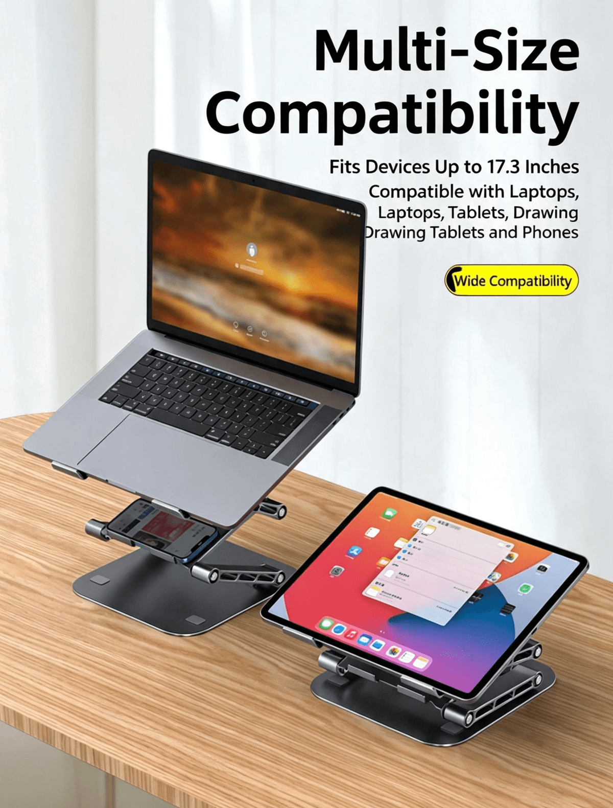 Multi‑Layer Adjustable Carbon Steel Laptop Riser, For Notebooks & Tablets AI 绘图描述词(两张颜色图,严格保持原图构图角度,