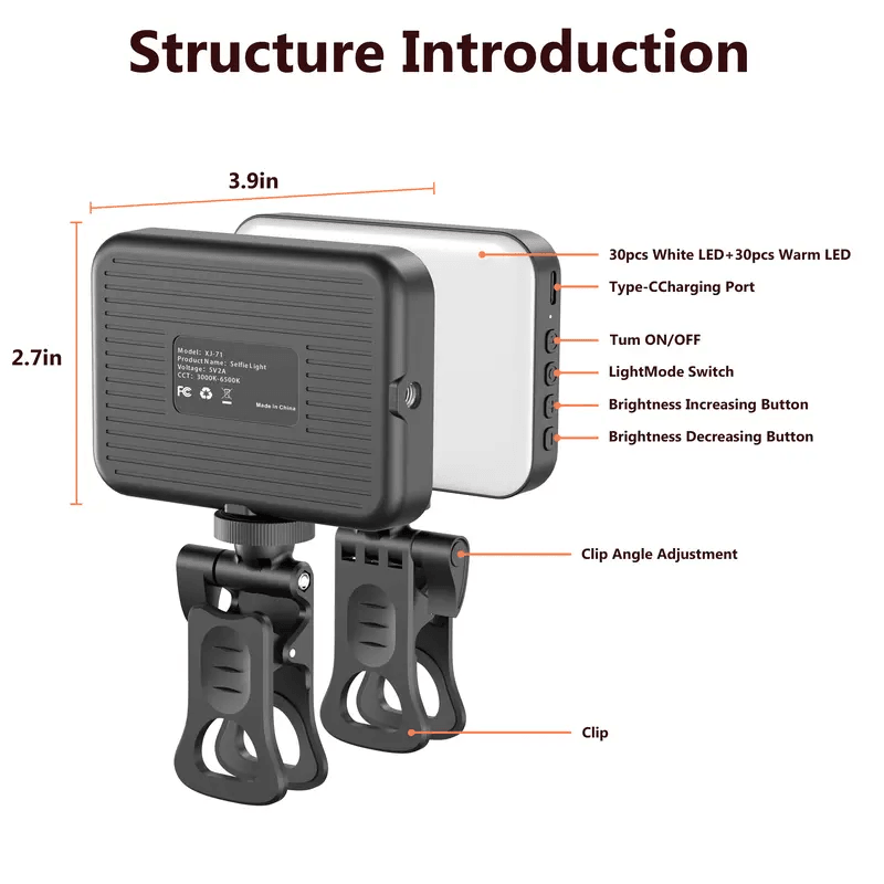 Clip‑on Rechargeable LED Fill Light, Portable Selfie Light for Phone Laptop Live Vlog