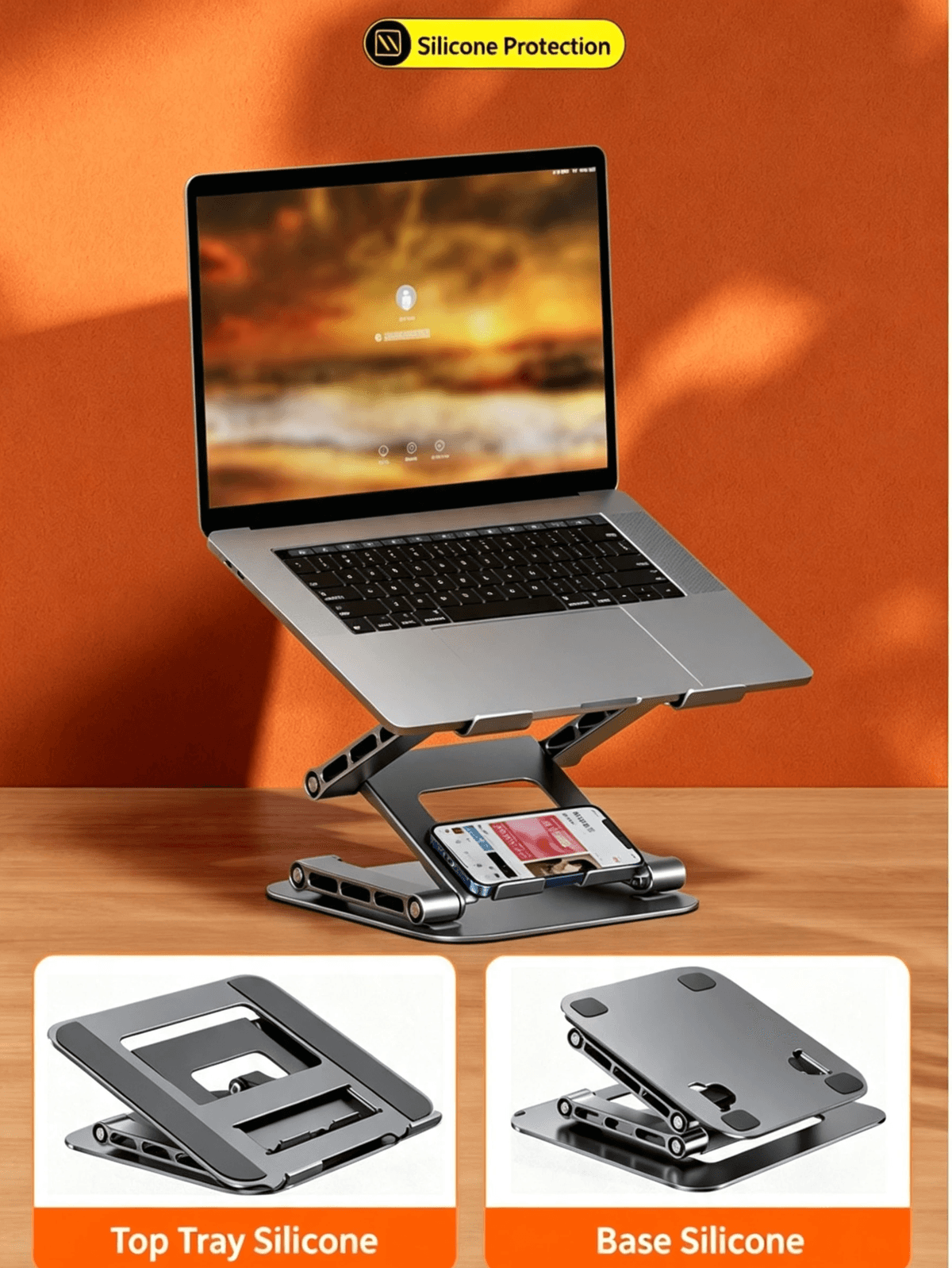 Multi‑Layer Adjustable Carbon Steel Laptop Riser, For Notebooks & Tablets AI 绘图描述词(两张颜色图,严格保持原图构图角度,
