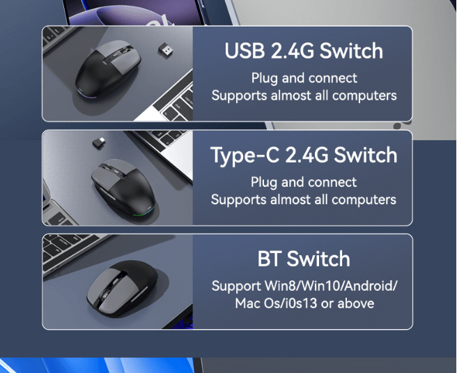 3‑Mode RGB Wireless Mouse | Dual USB‑C/2.4G Receiver Bluetooth5.1 Silent Rechargeable Mouse