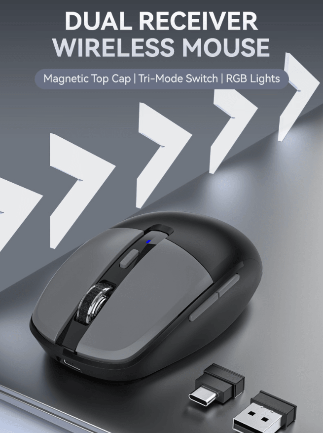 3‑Mode RGB Wireless Mouse | Dual USB‑C/2.4G Receiver Bluetooth5.1 Silent Rechargeable Mouse