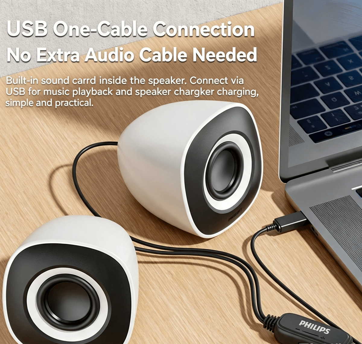 USB‑powered computer speakers with 3.5mm AUX. Plug‑and‑play, compact, clear stereo sound for PC/lapt