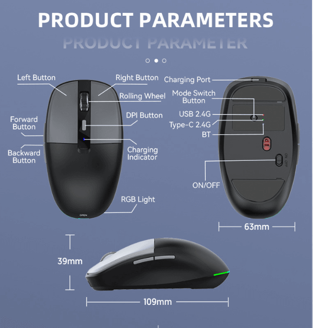 3‑Mode RGB Wireless Mouse | Dual USB‑C/2.4G Receiver Bluetooth5.1 Silent Rechargeable Mouse