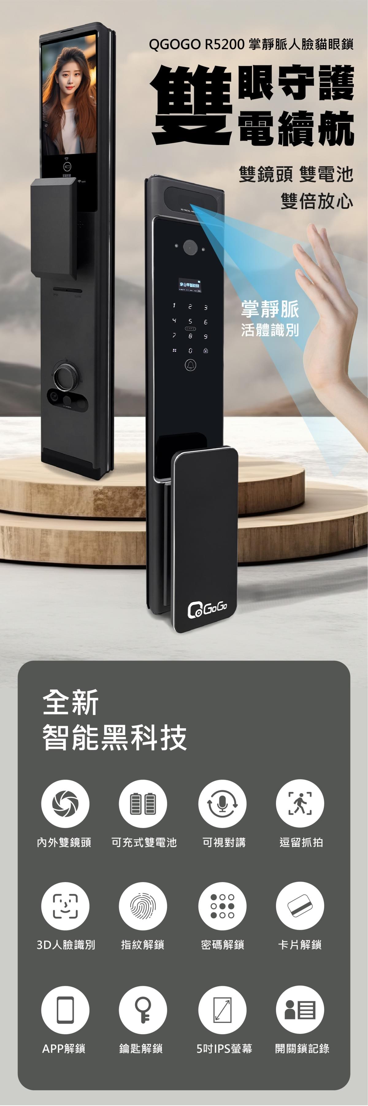 【QGOGO 穿山甲系列】R5200 掌靜脈識別 人臉3D辨識 貓眼智能電子鎖 內外雙鏡頭 雙電池