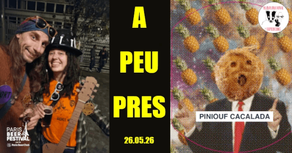 Affiche de l'événement. Deux personnes déguisées en Axl et Slash des Guns n Roses d'un côté,. De l'autre un personnage en costume avec une noix de coco à la place de la tête et un mur d'ananas en arrière plan. Affiche de l'événement. Deux personnes déguisées en Axl et Slash des Guns n Roses d'un côté,. De l'autre un personnage en costume avec une noix de coco à la place de la tête et un mur d'ananas en arrière plan.