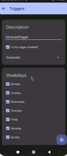 Example Scheduled Trigger with all seven days enabled. Confirm the hourly interval separately. The hourly Trigger runs the task on its schedule. A new video may take up to the next run to appear in Drive. Keep the device powered and connected to a network. Example Scheduled Trigger with all seven days enabled. Confirm the hourly interval separately. The hourly Trigger runs the task on its schedule. A new video may take up to the next run to appear in Drive. Keep the device powered and connected to a network.