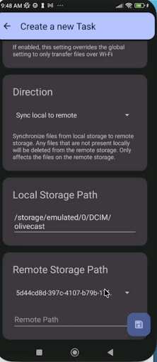 Example task screen. Change the displayed Sync local to remote direction to a non-deleting Copy option. Example task screen. Change the displayed Sync local to remote direction to a non-deleting Copy option.
