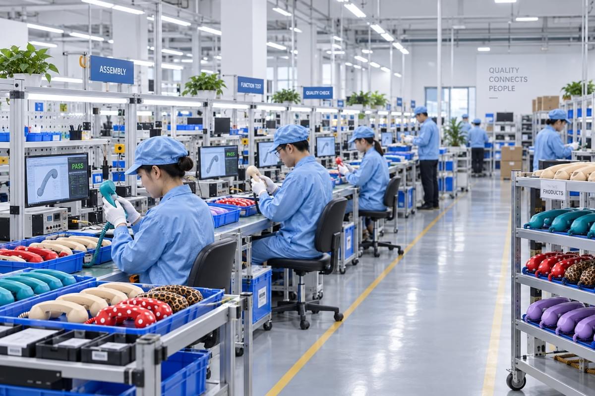 Retro phone handset production and quality control in a Shenzhen factory, including assembly, function testing, audio testing, appearance inspection and packaging checks. Retro phone handset production and quality control in a Shenzhen factory, including assembly, function testing, audio testing, appearance inspection and packaging checks.