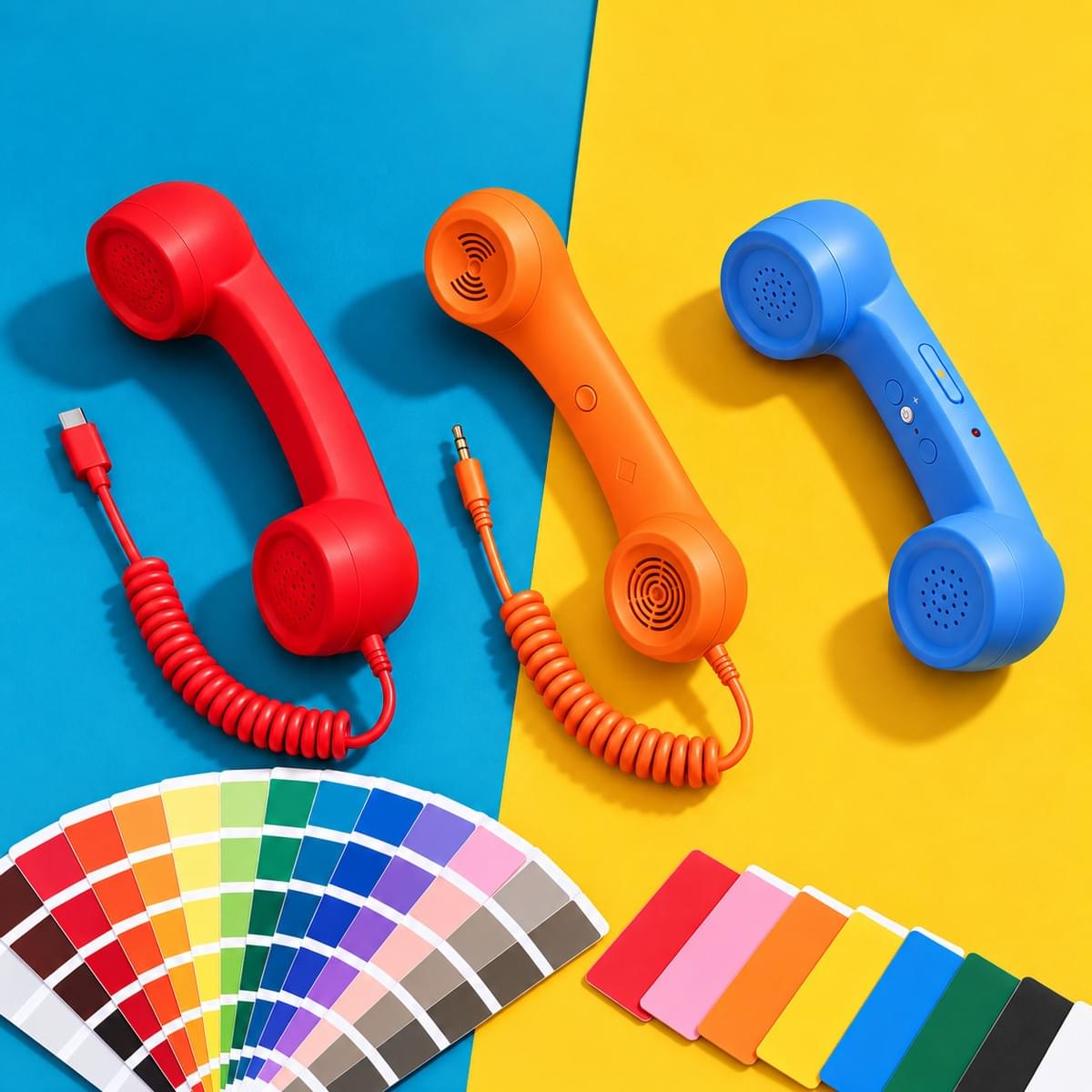 Three retro phone handsets in red, orange and blue with color swatches, showing custom color options for Model 569 USB Type-C, Model 3289 3.5mm and Model 298 Bluetooth handsets. Three retro phone handsets in red, orange and blue with color swatches, showing custom color options for Model 569 USB Type-C, Model 3289 3.5mm and Model 298 Bluetooth handsets.