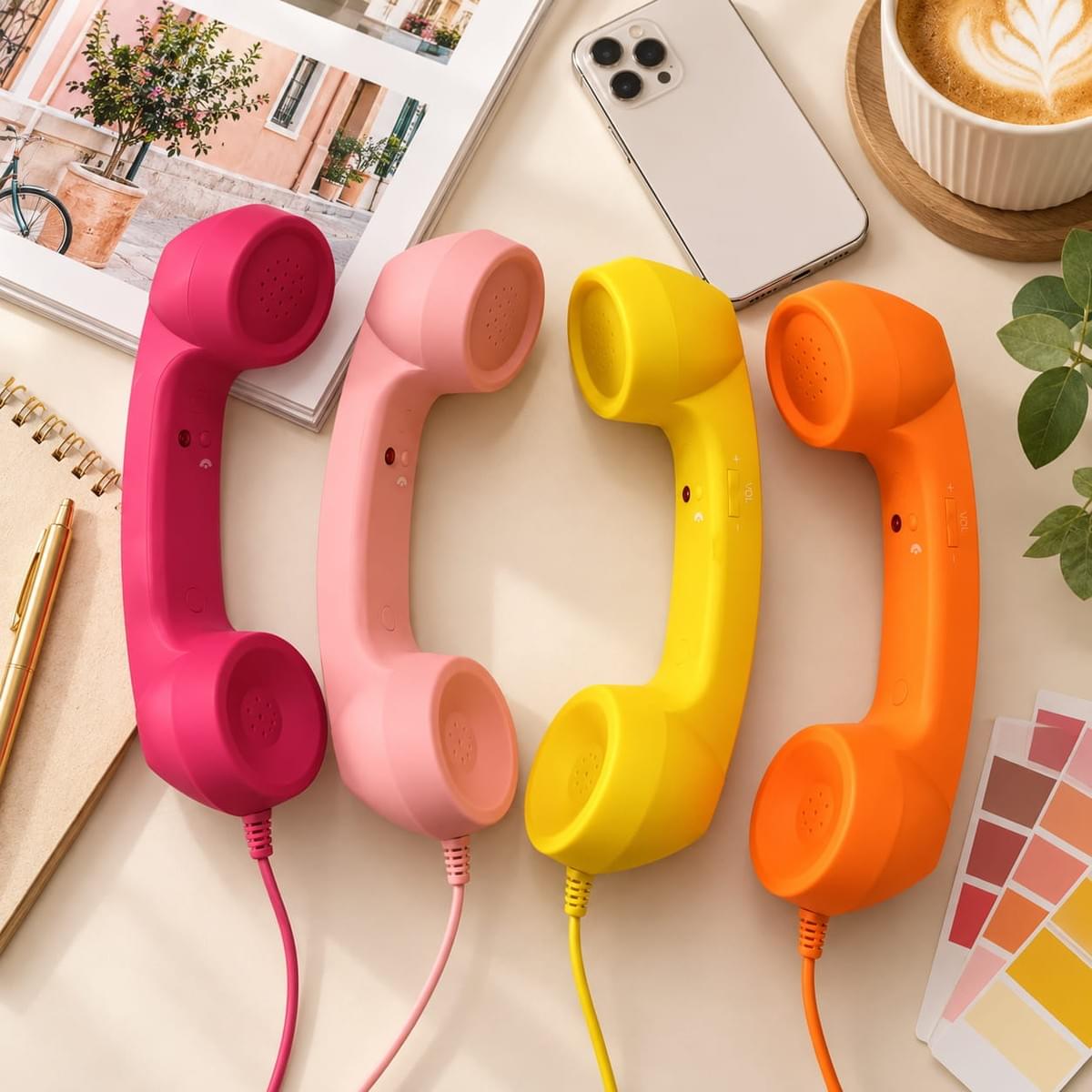 Colorful magenta, orange, pink and yellow retro phone handsets styled for modern lifestyle and retail collections Colorful magenta, orange, pink and yellow retro phone handsets styled for modern lifestyle and retail collections