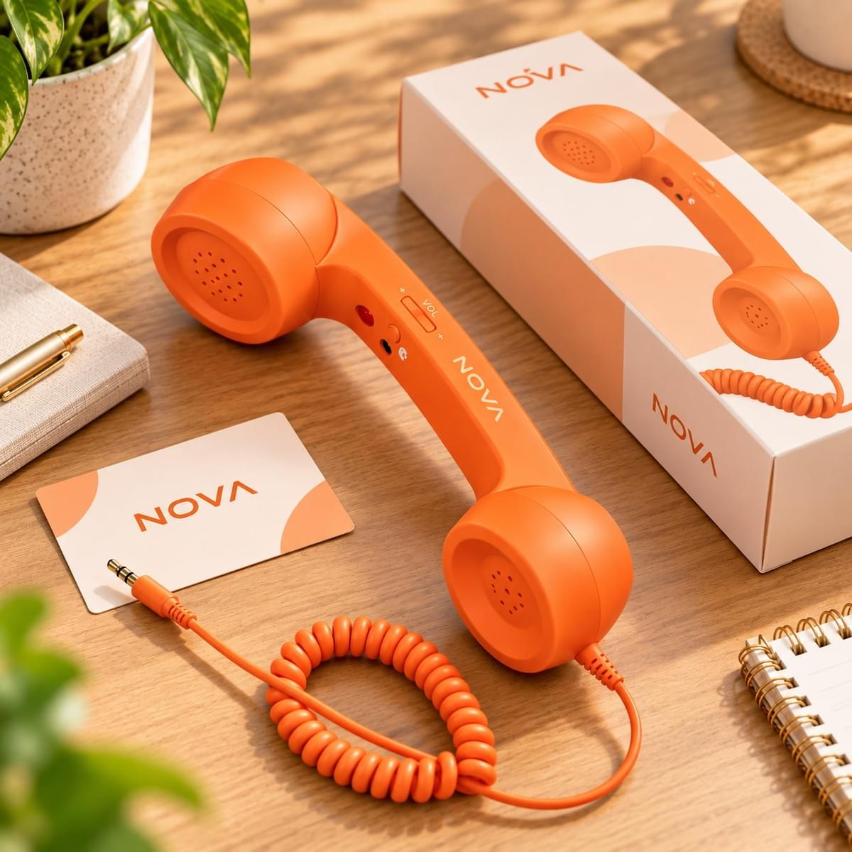 Orange retro phone handset with custom NOVA logo branding, matching retail packaging and brand card for OEM and private-label projects Orange retro phone handset with custom NOVA logo branding, matching retail packaging and brand card for OEM and private-label projects
