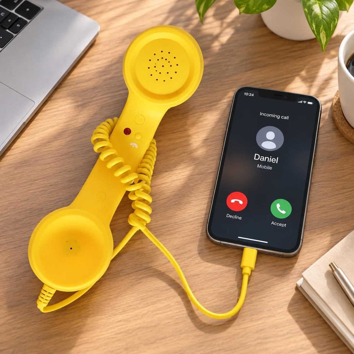 Yellow USB Type-C retro phone handset connected to a modern device for wired communication Yellow USB Type-C retro phone handset connected to a modern device for wired communication