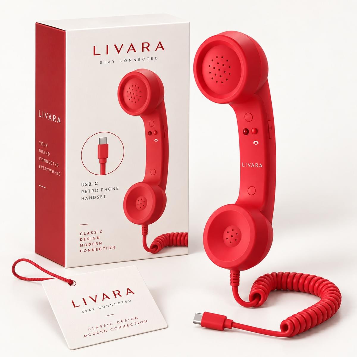 Retro phone handset with custom logo, private label packaging and branded retail presentation Retro phone handset with custom logo, private label packaging and branded retail presentation