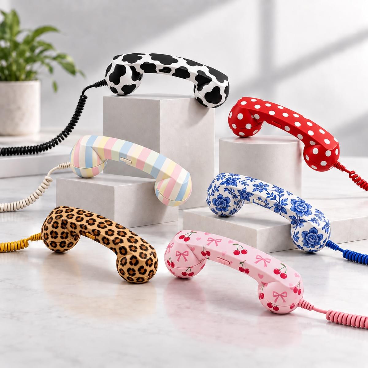 Six retro phone handsets with custom patterns including cow print, polka dots, pastel stripes, blue floral, leopard print and cherry bow designs for OEM and ODM projects Six retro phone handsets with custom patterns including cow print, polka dots, pastel stripes, blue floral, leopard print and cherry bow designs for OEM and ODM projects