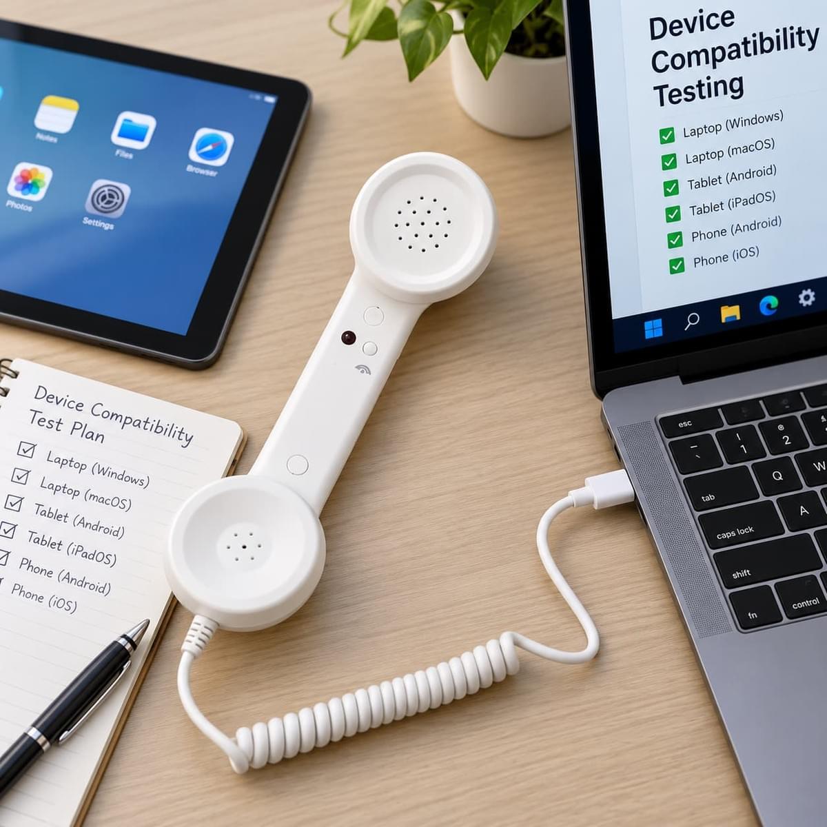White USB Type-C retro phone handset on a compatibility testing desk with laptop and tablet White USB Type-C retro phone handset on a compatibility testing desk with laptop and tablet