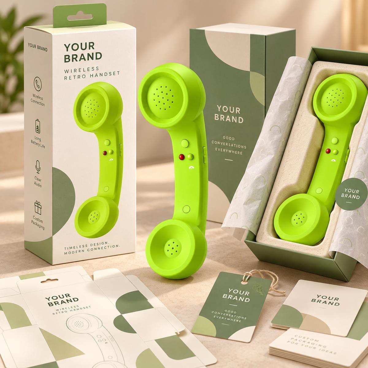 Custom retail packaging, branded box, insert and label options for OEM and private-label retro phone handset projects Custom retail packaging, branded box, insert and label options for OEM and private-label retro phone handset projects