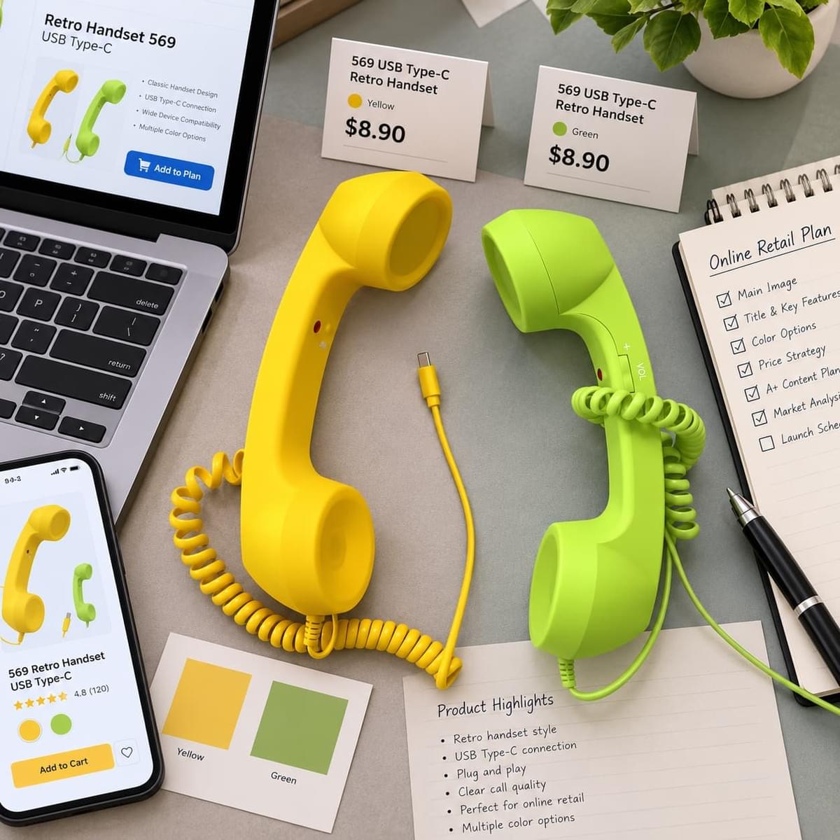 E-commerce merchandising workspace with retro phone handsets for retail and lifestyle buyers E-commerce merchandising workspace with retro phone handsets for retail and lifestyle buyers