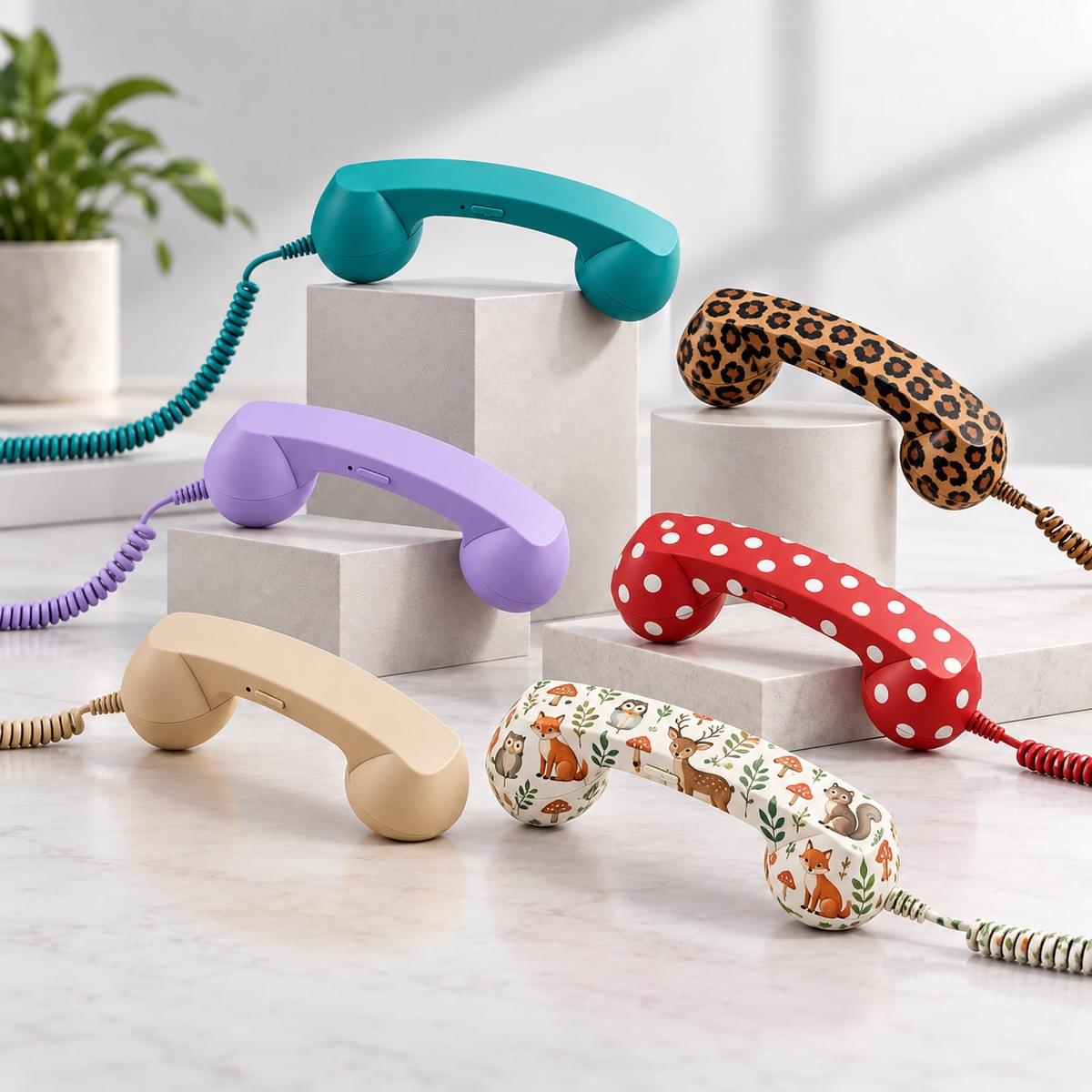 Retro phone handset custom color and pattern options showing six handsets in three solid colors and three patterns, including leopard print, red with white polka dots, and forest animal print Retro phone handset custom color and pattern options showing six handsets in three solid colors and three patterns, including leopard print, red with white polka dots, and forest animal print