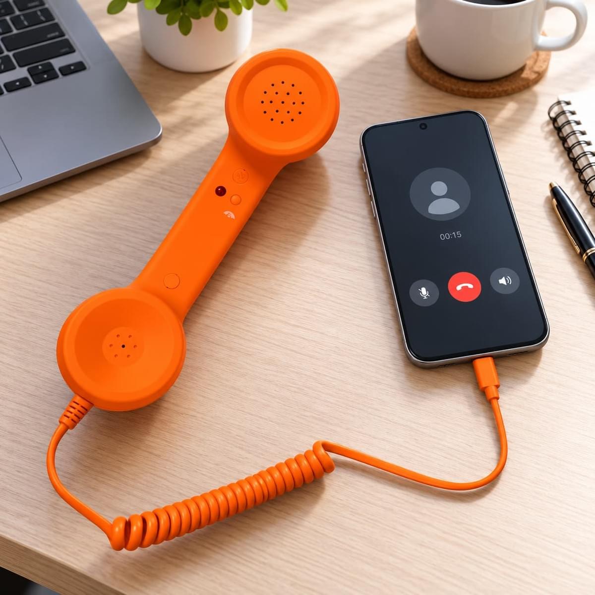 Orange USB Type-C retro phone handset connected to a smartphone for compatibility testing Orange USB Type-C retro phone handset connected to a smartphone for compatibility testing