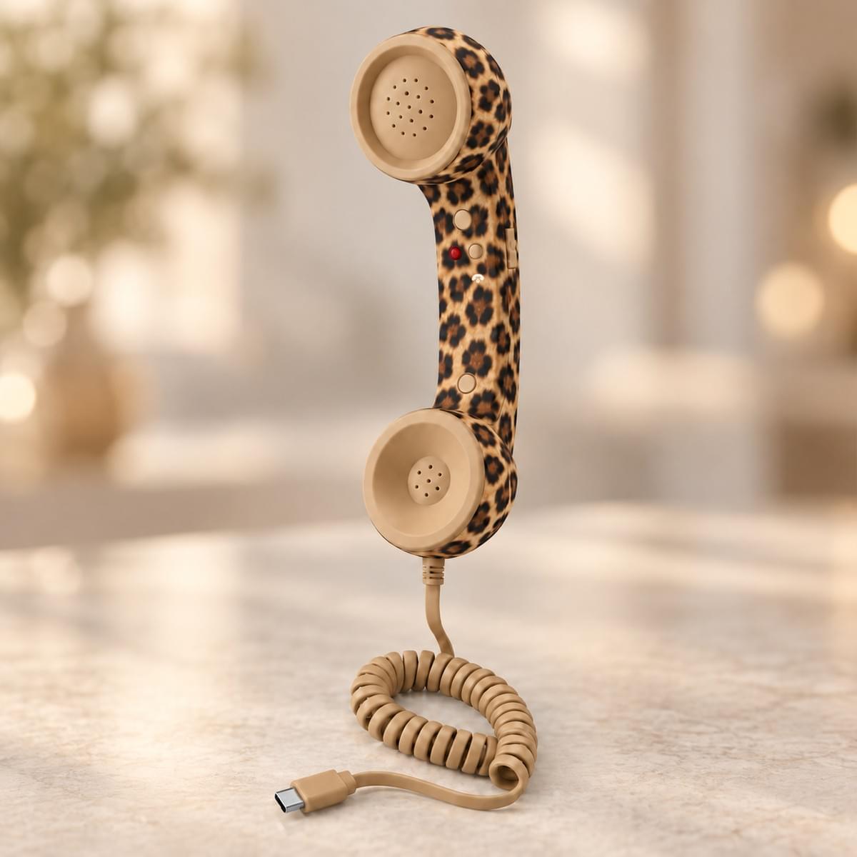 Model 569 leopard pattern USB Type-C retro phone handset with beige coiled cable and USB-C connector Model 569 leopard pattern USB Type-C retro phone handset with beige coiled cable and USB-C connector